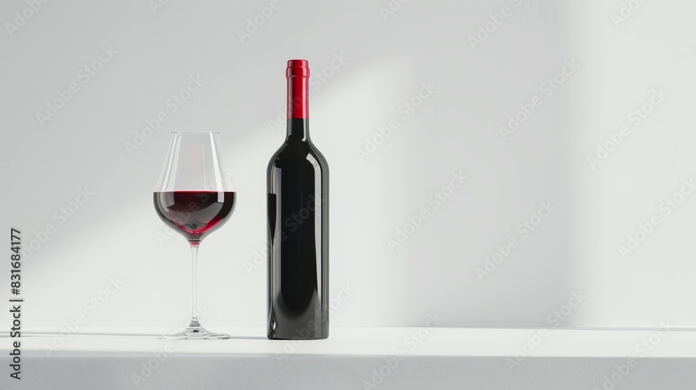 Elegant still life featuring a bottle of red wine and a glass on a white background, highlighting sophistication and simplicity. Elegant still life featuring a bottle of red wine and a glass on a white background, highlighting sophistication and simplicity.