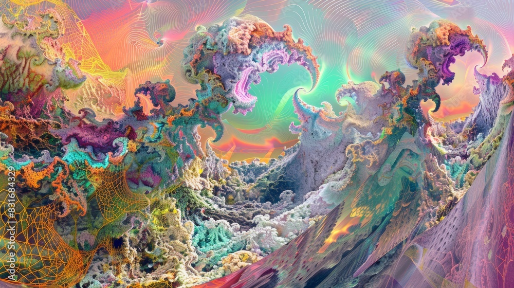 Naklejka premium Surreal, vivid fractal landscape with colorful, swirling patterns and intricate details, blending fantasy and abstract art seamlessly.