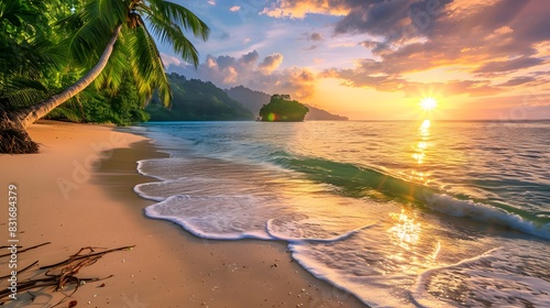 Tropical Beach at Sunset with Island 