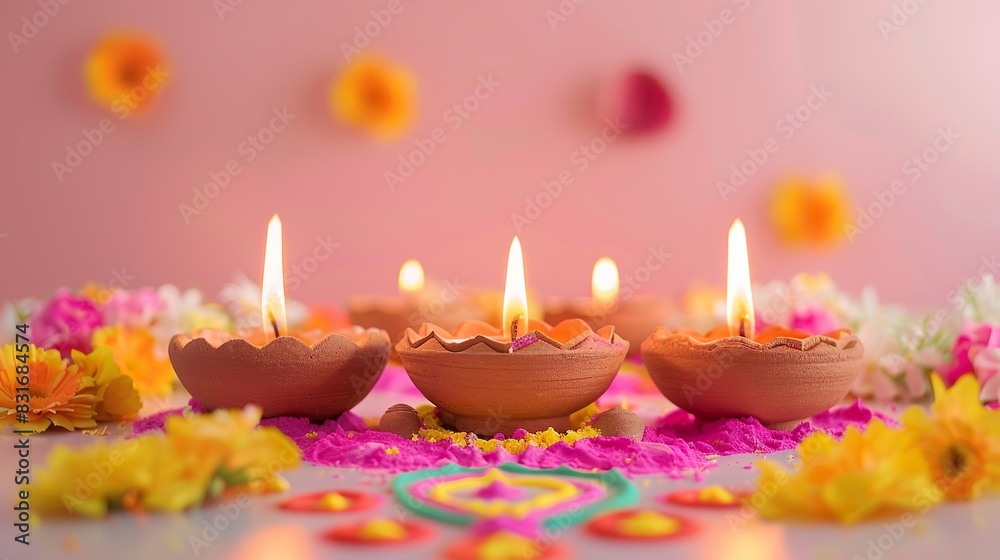 Beautiful Diwali Clay Oil Lamps Illuminated with Vibrant Rangoli Patterns and Flowers in the Background, Capturing the Essence of the Diwali Festival with Colorful Decorations and Warm Light Beautiful Diwali Clay Oil Lamps Illuminated with Vibrant Rangoli Patterns and Flowers in the Background, Capturing the Essence of the Diwali Festival with Colorful Decorations and Warm Light
