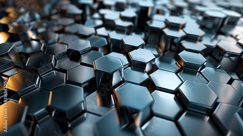 A pattern of geometric shapes like triangles  hexagons or cubes all with a reflective chrome finish