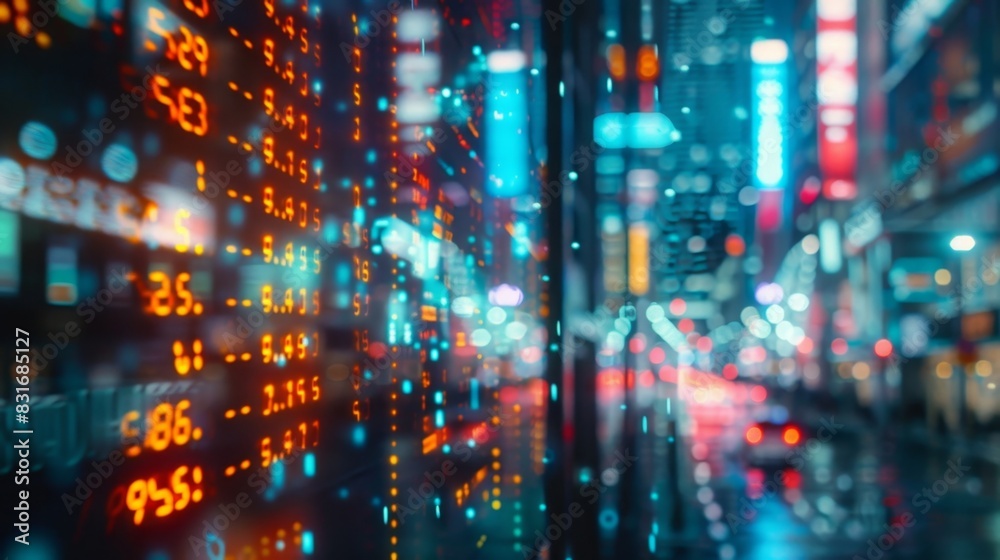 A futuristic cityscape with holographic displays of stock market data depicting the everchanging landscape of money and finance. A futuristic cityscape with holographic displays of stock market data depicting the everchanging landscape of money and finance.
