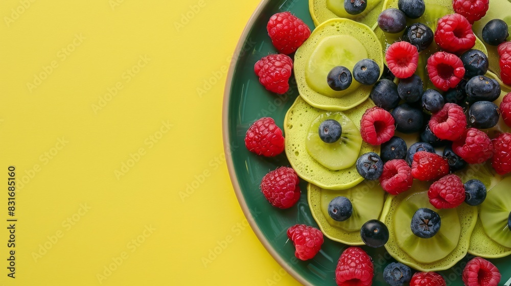 Green Pancakes With Raspberries And Blueberries On A Green Plate On A Yellow Background. Green Pancakes With Raspberries And Blueberries On A Green Plate On A Yellow Background.