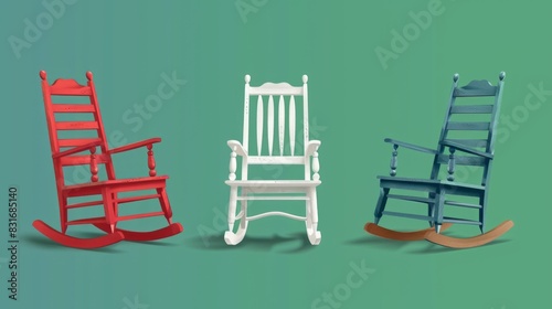 Set Of Three Wooden Rocking Chairs In Red, White And Blue.