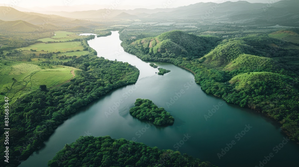 The image shows a top view of a river flowing through a valley. the river is surrounded by green hills and the sky is blue with some clouds.