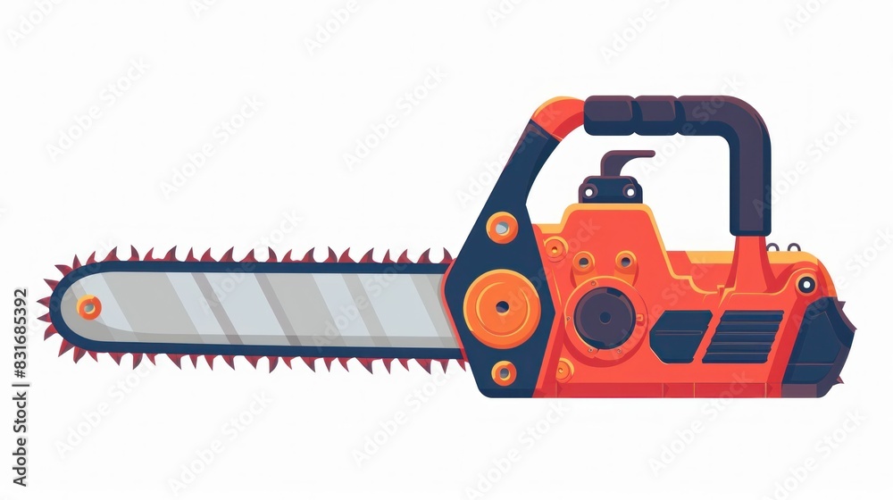 Chainsaw for cutting trees and logs in orange and black colors for outdoor work and landscaping