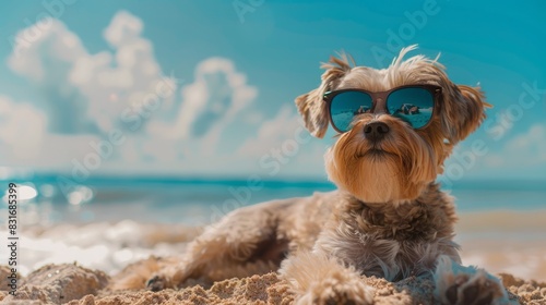 Cool Pup In Shades Soaks Up The Sun On The Sandy Beach. photo