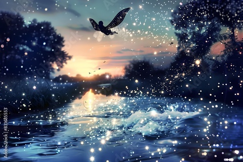 Fairy Soaring Above Glimmering River at Enchanting Twilight