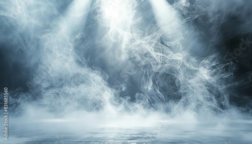 Mystical fog illuminated by bright light rays, creating an ethereal atmosphere with swirling mist and smoke.