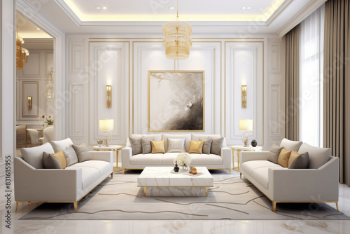 Interior design. Computer Generated Image Of Modern apartment living room. Architectural Visualization. 3D Render.
