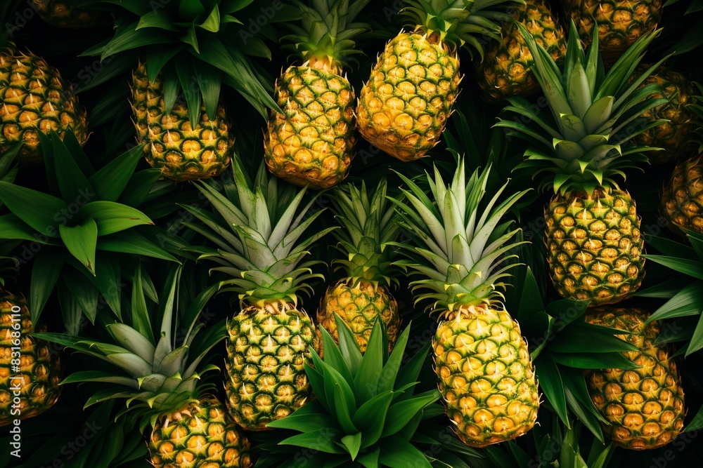 Sliced and half of Pineapple(Ananas comosus) on wooden table with blurred garden background.Sweet, and juicy taste Have a lot of fiber,vitamins C and minerals or healthcare concept , generative ai Sliced and half of Pineapple(Ananas comosus) on wooden table with blurred garden background.Sweet, and juicy taste Have a lot of fiber,vitamins C and minerals or healthcare concept , generative ai