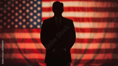Silhouette of a man in a suit standing in front of an American flag. Symbolizes leadership, patriotism, and national pride.