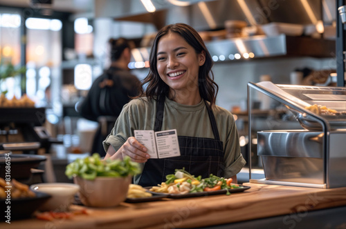 A woman wearing an apron  in a restaurant kitchen smiling and holding a mini menu