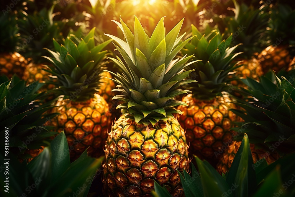 Sliced and half of Pineapple(Ananas comosus) on wooden table with blurred garden background.Sweet, and juicy taste Have a lot of fiber,vitamins C and minerals or healthcare concept , generative ai Sliced and half of Pineapple(Ananas comosus) on wooden table with blurred garden background.Sweet, and juicy taste Have a lot of fiber,vitamins C and minerals or healthcare concept , generative ai