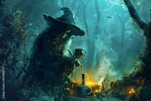 Witch Brewing a Mystical Potion in an Enchanted Woodland Scene