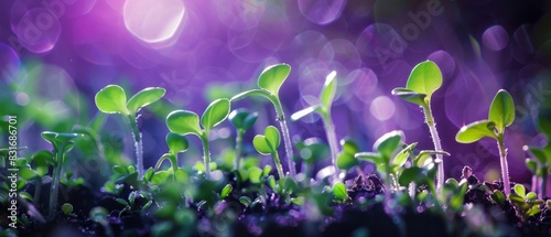 Tiny green sprouts growing in a mystical, purple-hued environment. photo