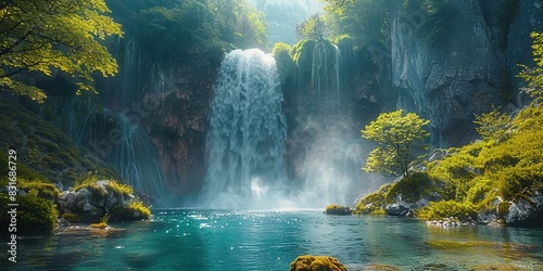 An amazing panorama of magnificent waterfalls. Aesthetic atmosphere of peace and harmony. Generative AI