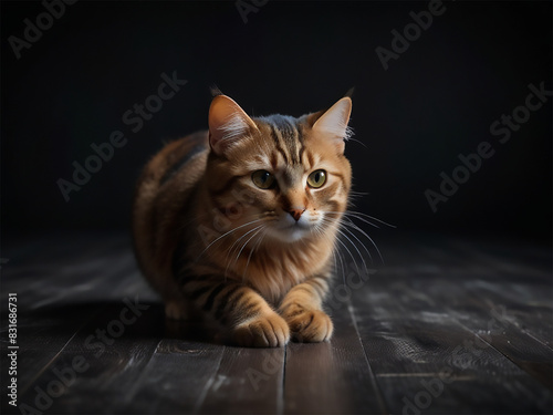 a cat sits on a wooden floor with a black background.