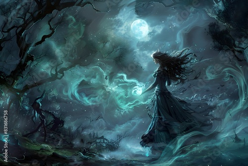 Sorceress Summoning Ethereal Spirits in Moonlit Mystical Forest Glade