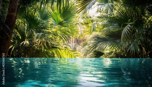 Tranquil swimming pool surrounded by lush tropical foliage, bathed in warm sunlight.