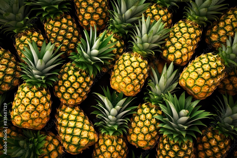 Sliced and half of Pineapple(Ananas comosus) on wooden table with blurred garden background.Sweet, and juicy taste Have a lot of fiber,vitamins C and minerals or healthcare concept , generative ai Sliced and half of Pineapple(Ananas comosus) on wooden table with blurred garden background.Sweet, and juicy taste Have a lot of fiber,vitamins C and minerals or healthcare concept , generative ai