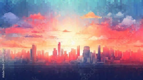 Vibrant watercolor cityscape at sunrise with colorful clouds and a glowing sun.