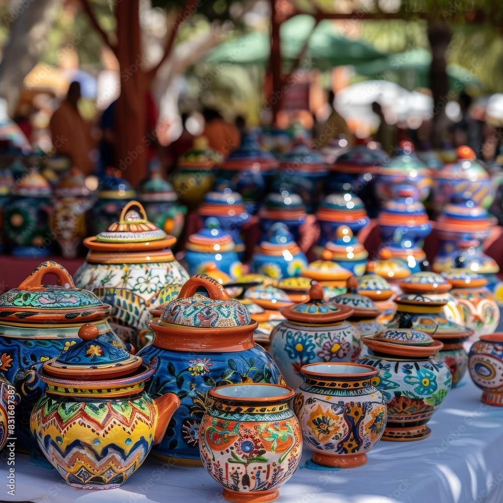 artisanal allure colorful handcrafted pottery showcased at outdoor market vibrant traditional designs cultural heritage digital painting