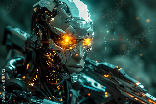 Cybernetic Warrior With Glowing Eyes and High Tech Weaponry Unleashing Futuristic Firepower