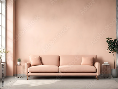  Peach fuzz interior room trend color year 2024. Texture mockup wall for art - microcement pastel apricot beige tan colour plaster. Modern room design living lounge. Accent cozy gray sofa. 3d render 
