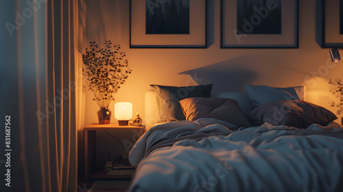 A bedroom with a bed, pillows, and a lamp