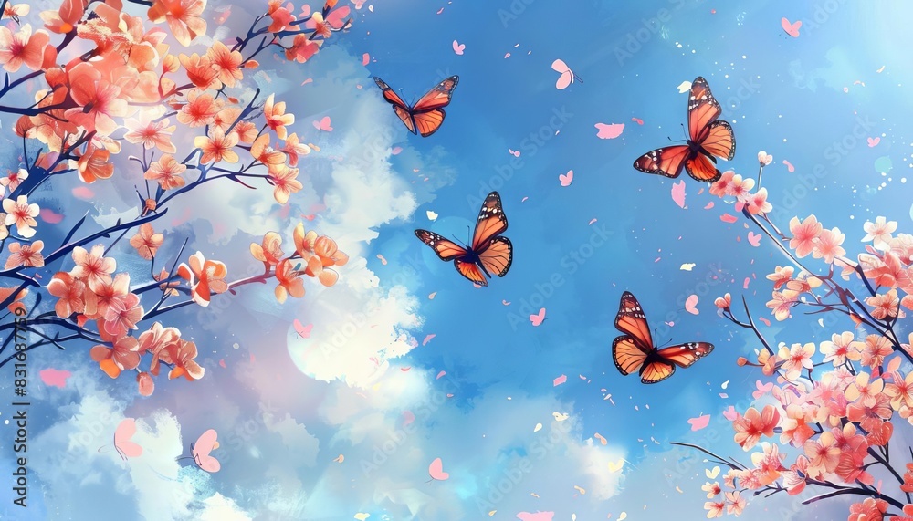 cherry blossoms and butterflies against blue sky in spring romantic nature illustration digital painting