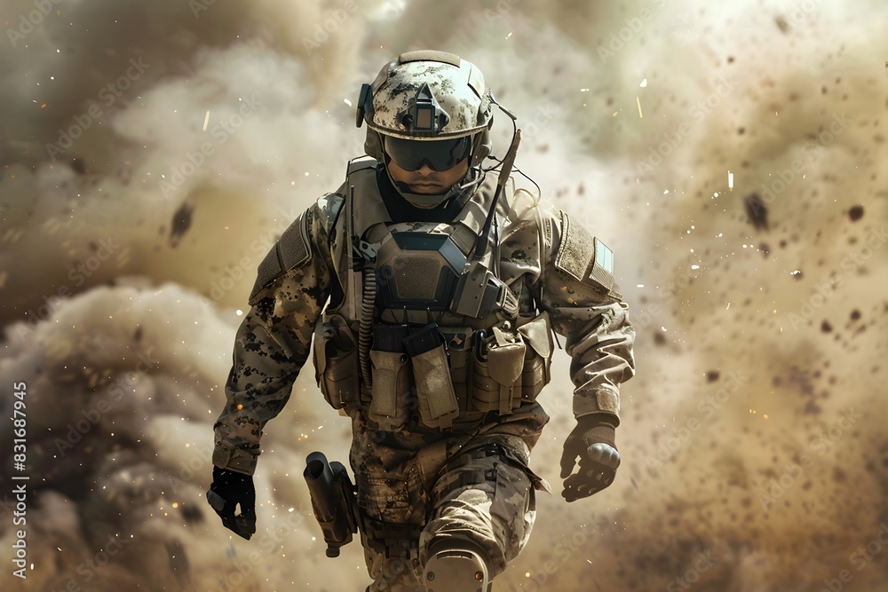 Fototapeta premium Futuristic Soldier in Exosuit Navigating Chaotic Sci Fi Battlefield