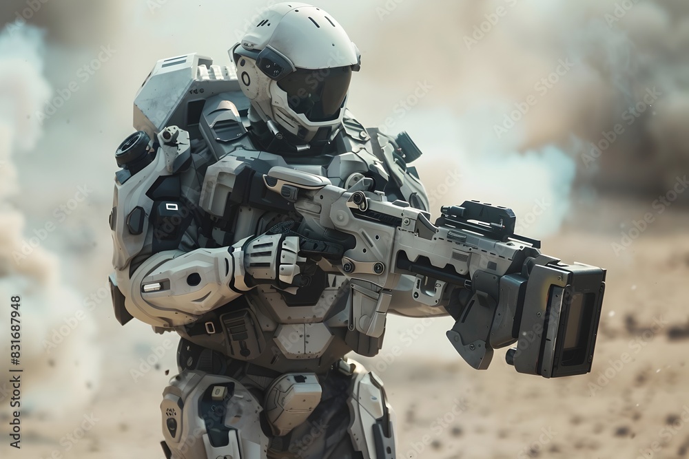 Futuristic Soldier in Exosuit on Sci Fi Battlefield Equipped for Combat Futuristic Soldier in Exosuit on Sci Fi Battlefield Equipped for Combat