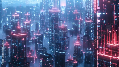 3D Rendering of neon mega city with light reflection from puddles on street heading toward buildings. Concept for night life