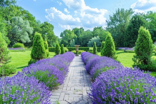 Lavender garden with rows of lavender bushes in full bloom, with trees and green grass in the background.