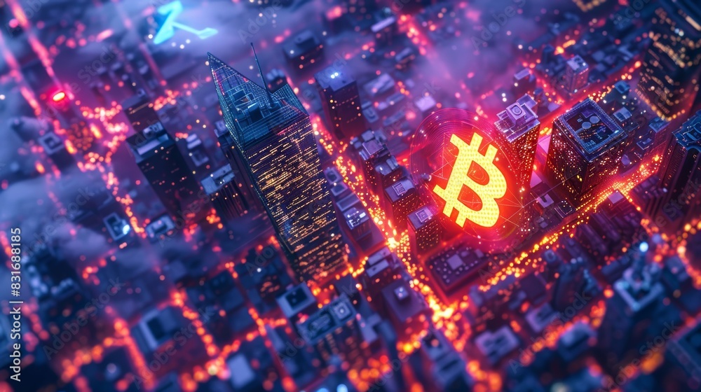 Fototapeta premium streets as lightning and the blocks as as bitcoin blockchain and show the bitcoin symbol on all roof tops, eagle eye view