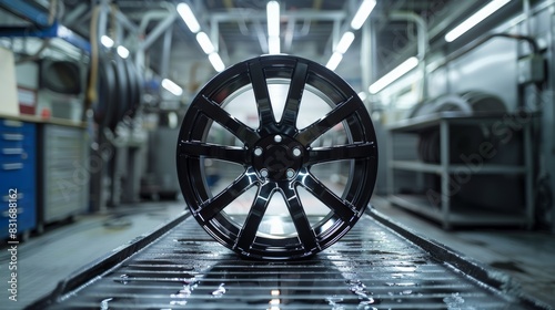 Aluminum alloy wheel being meticulously painted black with an aerograph, showcasing the professional tools and setup in an industrial garage photo