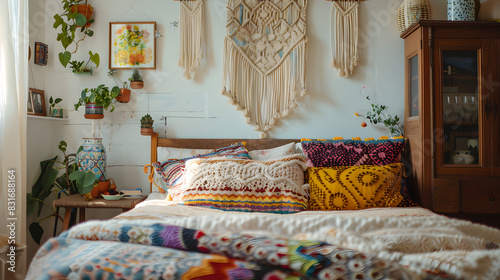 A colorful bed with a variety of pillows and a large wall hanging © JuroStock