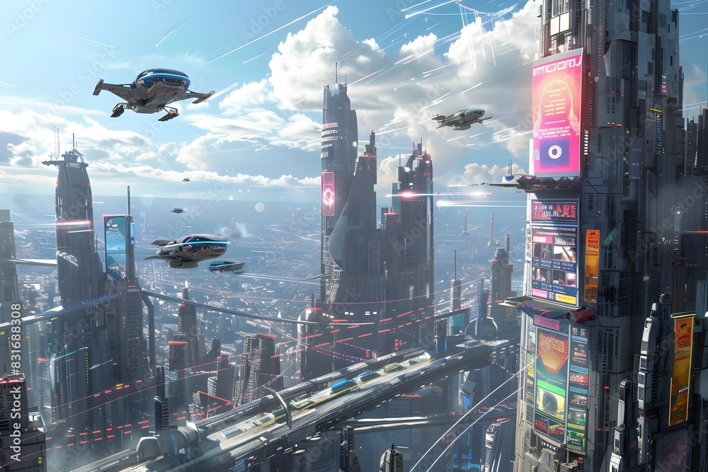 Ambitious Futuristic Metropolis with Hovering Vehicles and Holographic Billboards Ambitious Futuristic Metropolis with Hovering Vehicles and Holographic Billboards