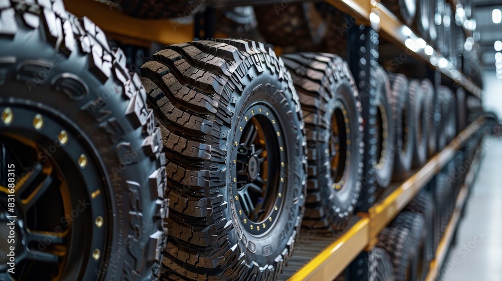 Clean and robust mud terrain tires, meticulously stored on sleek shelving, highlighting their detailed tread patterns and readiness for use