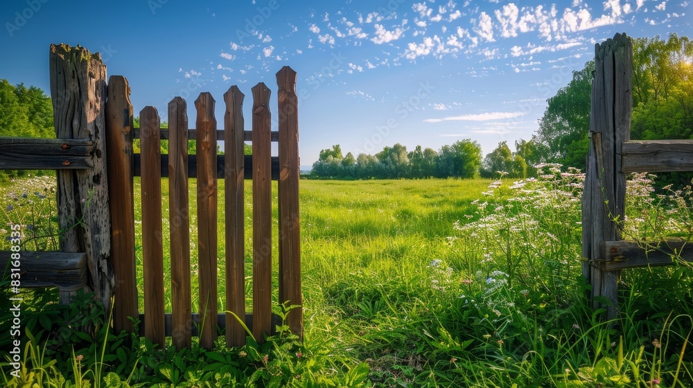 Fototapeta premium Garden gate slightly open, showcasing a lush, vibrant field, under a clear blue sky, with sunlight illuminating the scene