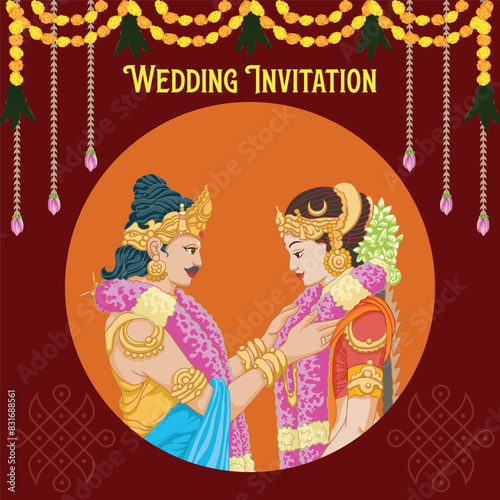 Indian Tamil wedding invitation bride and groom wearing Flower Garland