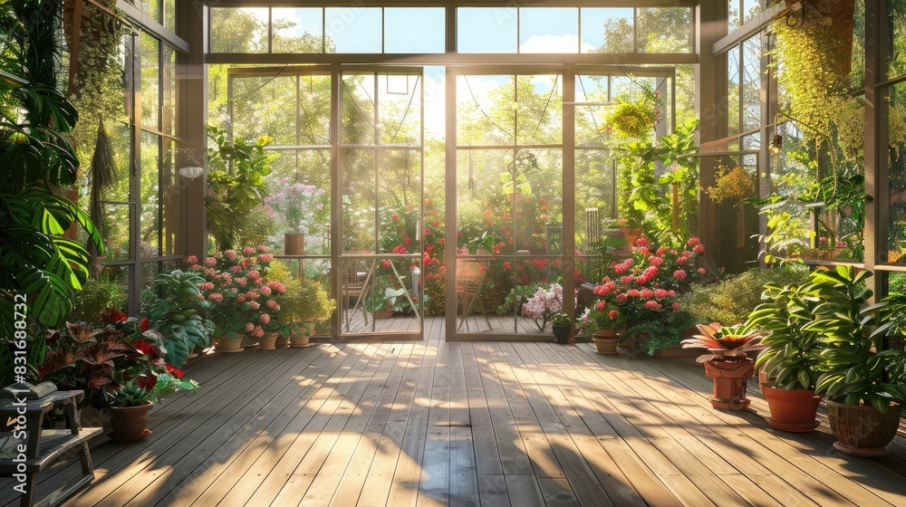 Lush garden filled sunroom with wooden floor and potted plants. ,