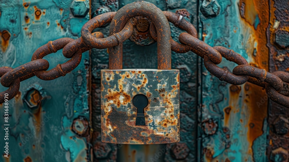 Focused image of a large padlock enveloped by heavy, rusted chains on a decrepit metal door, capturing the essence of neglect Focused image of a large padlock enveloped by heavy, rusted chains on a decrepit metal door, capturing the essence of neglect