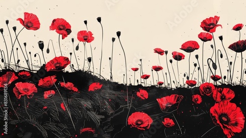 vintage graphic black white partisan poster of a field of red poppies growing from the ground