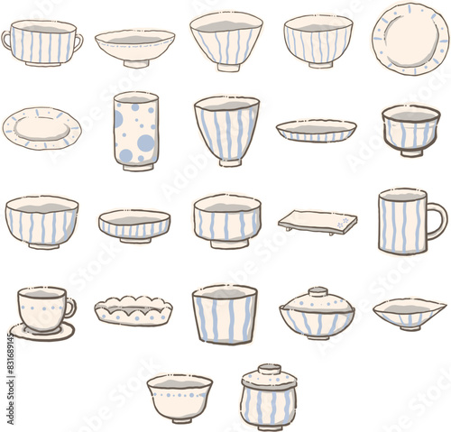 Bowl  dish  plate and cup hand drawing illustration for decoration on tableware concept.