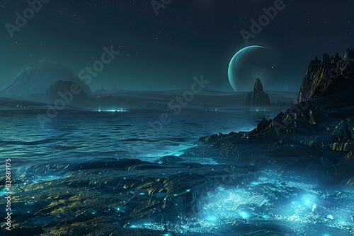Bioluminescent Seascape of an Alien World Captivating Aquatic Glow on a Distant Planetary Shore