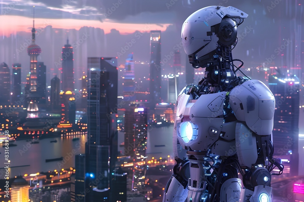 Robotic Guardian Surveilling Futuristic Cityscape at Nightfall Robotic Guardian Surveilling Futuristic Cityscape at Nightfall