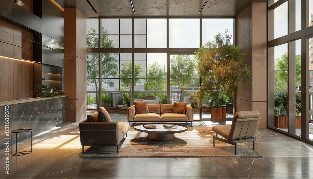 elegant modern office interior with warm neutral tones and expansive windows 3d rendering