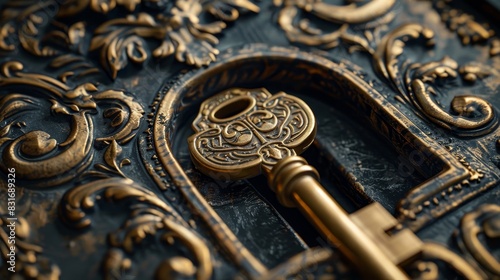 Extreme close-up of a key partially inserted into a vintage, ornate front door lock, showcasing the intricate engravings and textures